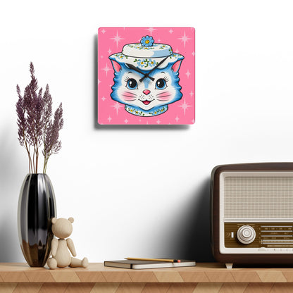Mid Century Modern Kitschy Anthropomorphic Blue Cat with Floral Hat Acrylic Wall Clock