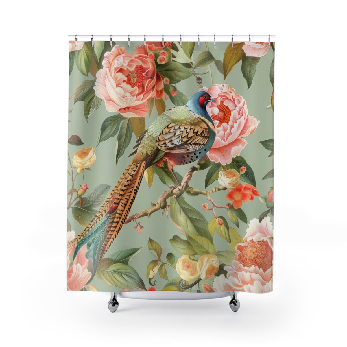 Chinoiserie Designed Shower Curtain Pheasant Floral Garden Botanicals  Shower Curtain - Mid Century Modern Gal