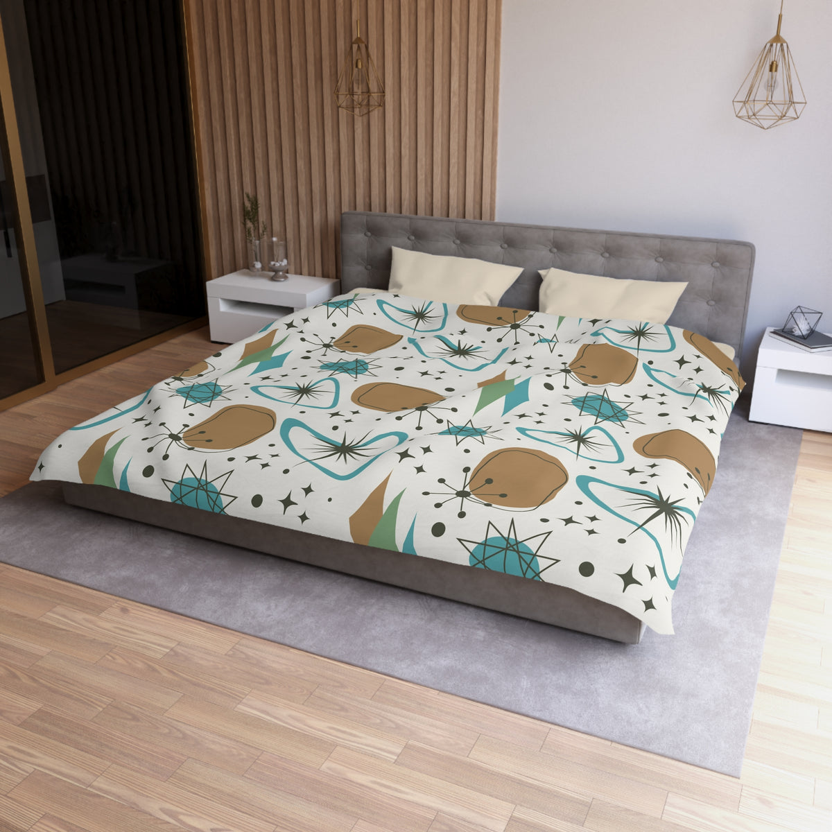 Mid Century Modern Franciscan Starburst Camel Brown, Beige Teal Starburst Retro-Modern  Duvet Cover - Mid Century Modern Gal