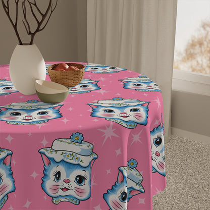 Mid Century Modern Kitschy Anthropomorphic Blue Cat with Floral Hat Tablecloth - Mid Century Modern Gal
