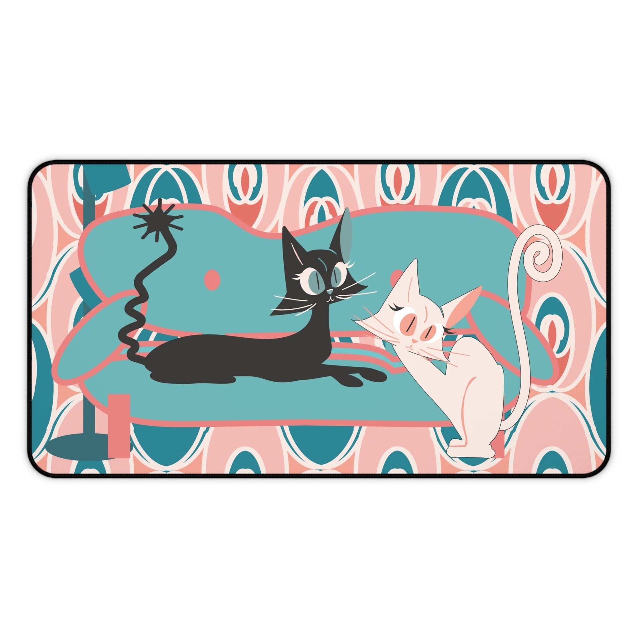 Mid Century Modern Atomic Cat Desk Mat, Pink, Teal, Cute And Kitschy Retro Office Decor