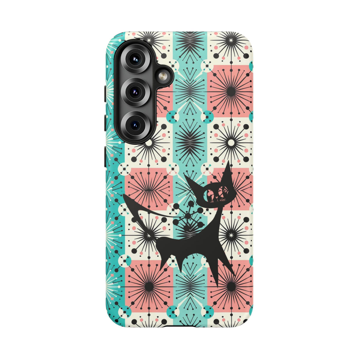 Atomic Kitschy Cat, Mid Century Modern Pink, Aqua Starbursts Tough Phone Case