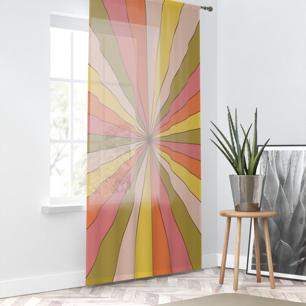 Retro Curtains, 70's Sunburst, Green, Pink, Yellow, Orange, SHEER Mid Century Modern Window Curtain