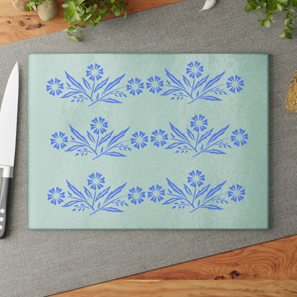 Blue Cornflower Kitschy Kitchen Corningware Inspired Glass Cutting Board