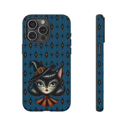Vintage Halloween Black Cat Sexy Sexton Mid Century Modern Blue Tough Phone Case