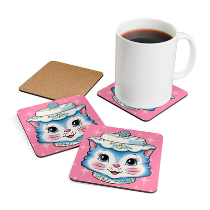 Mid Century Modern Kitschy Anthropomorphic Blue Cat with Floral Hat Corkwood Coaster Set - Mid Century Modern Gal