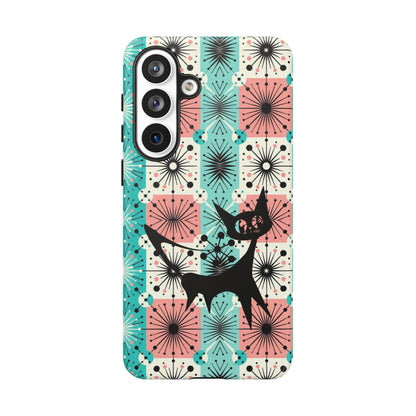 Atomic Kitschy Cat, Mid Century Modern Pink, Aqua Starbursts Tough Phone Case
