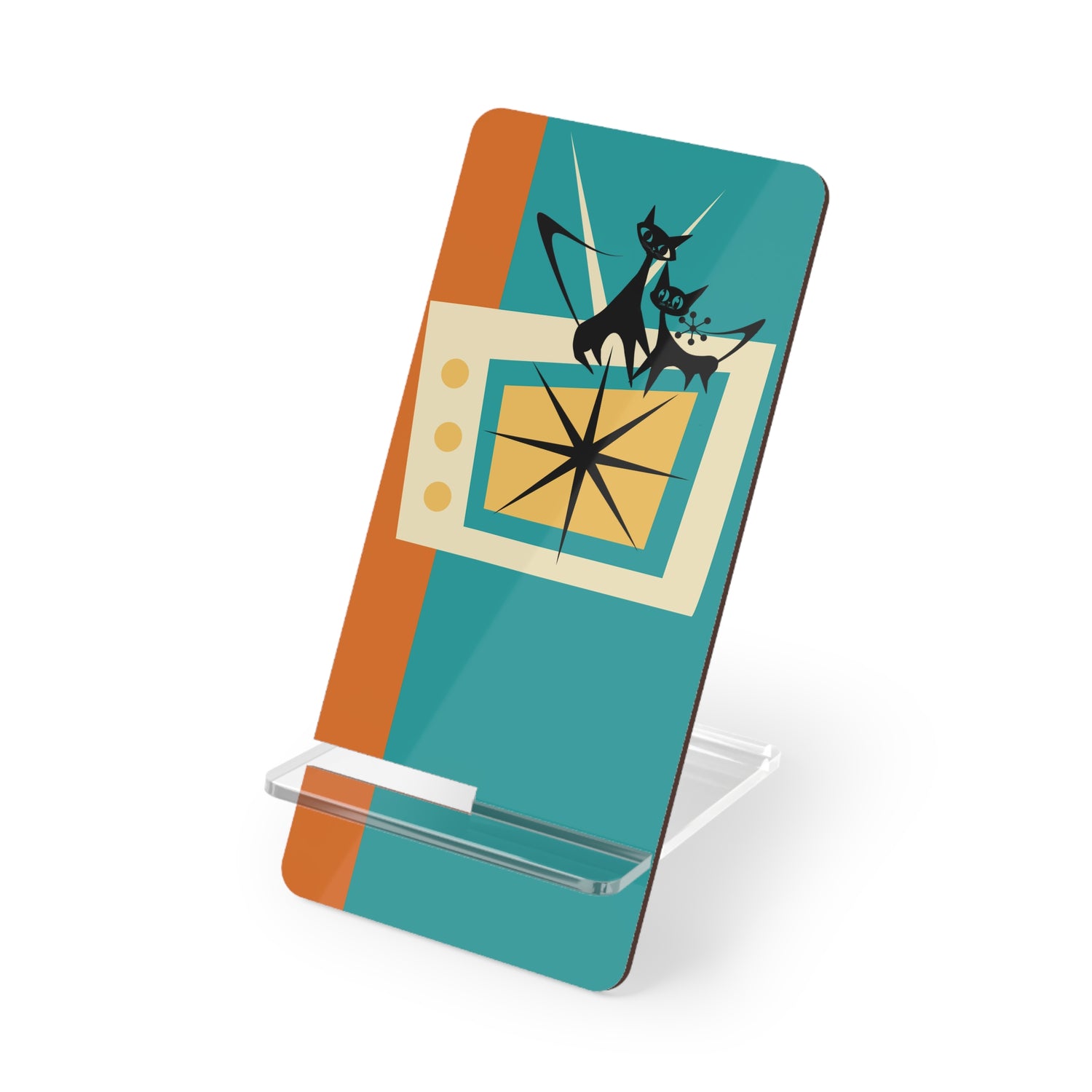 Atomic Cats, Mid Mod Colorful Smartphone Stand with Cat Design - Mid Century Modern Gal