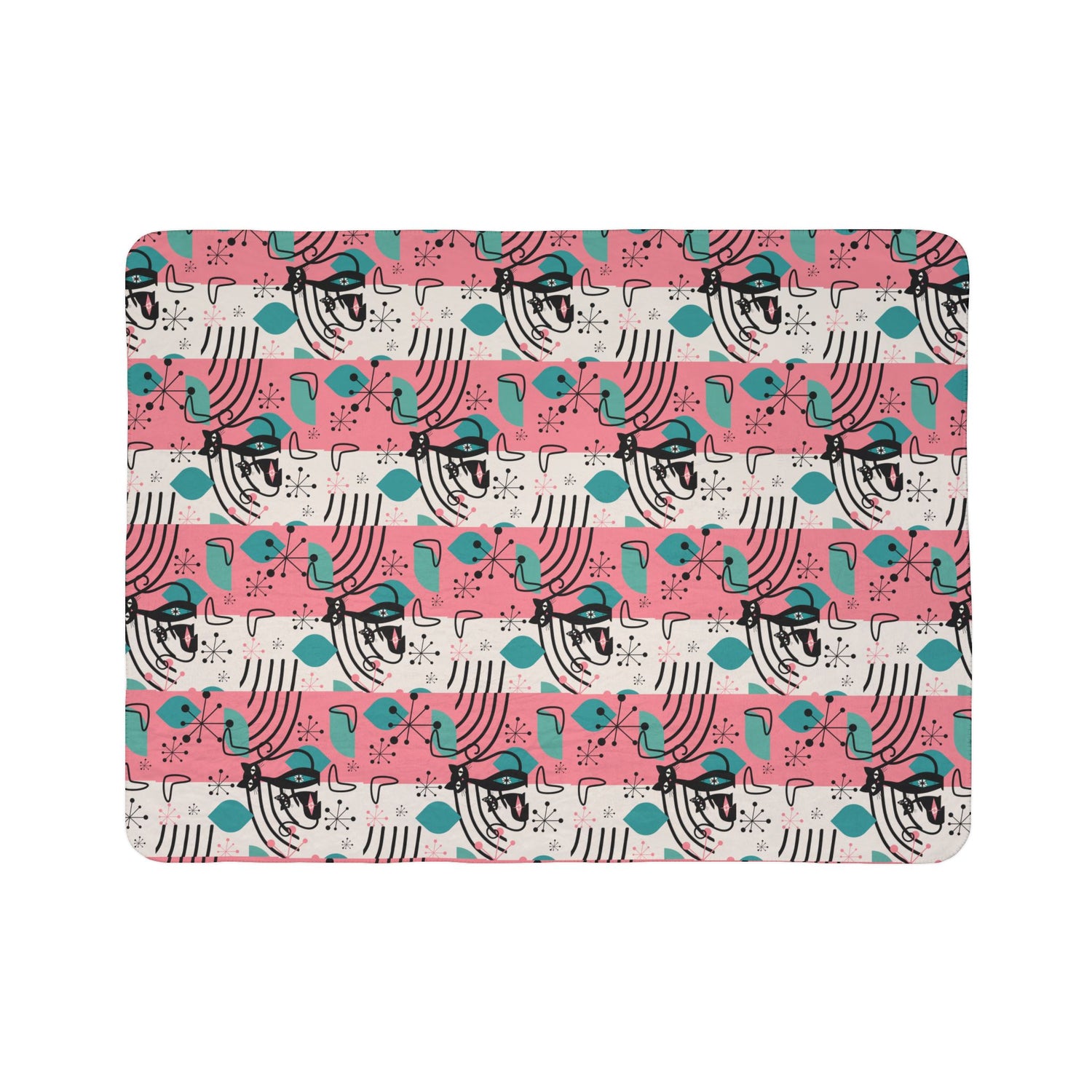 Mid-Century Modern Atomic Cat Pink Teal Retro Cat Fleece Sherpa Blanket - Cozy &amp; Stylish - Mid Century Modern Gal