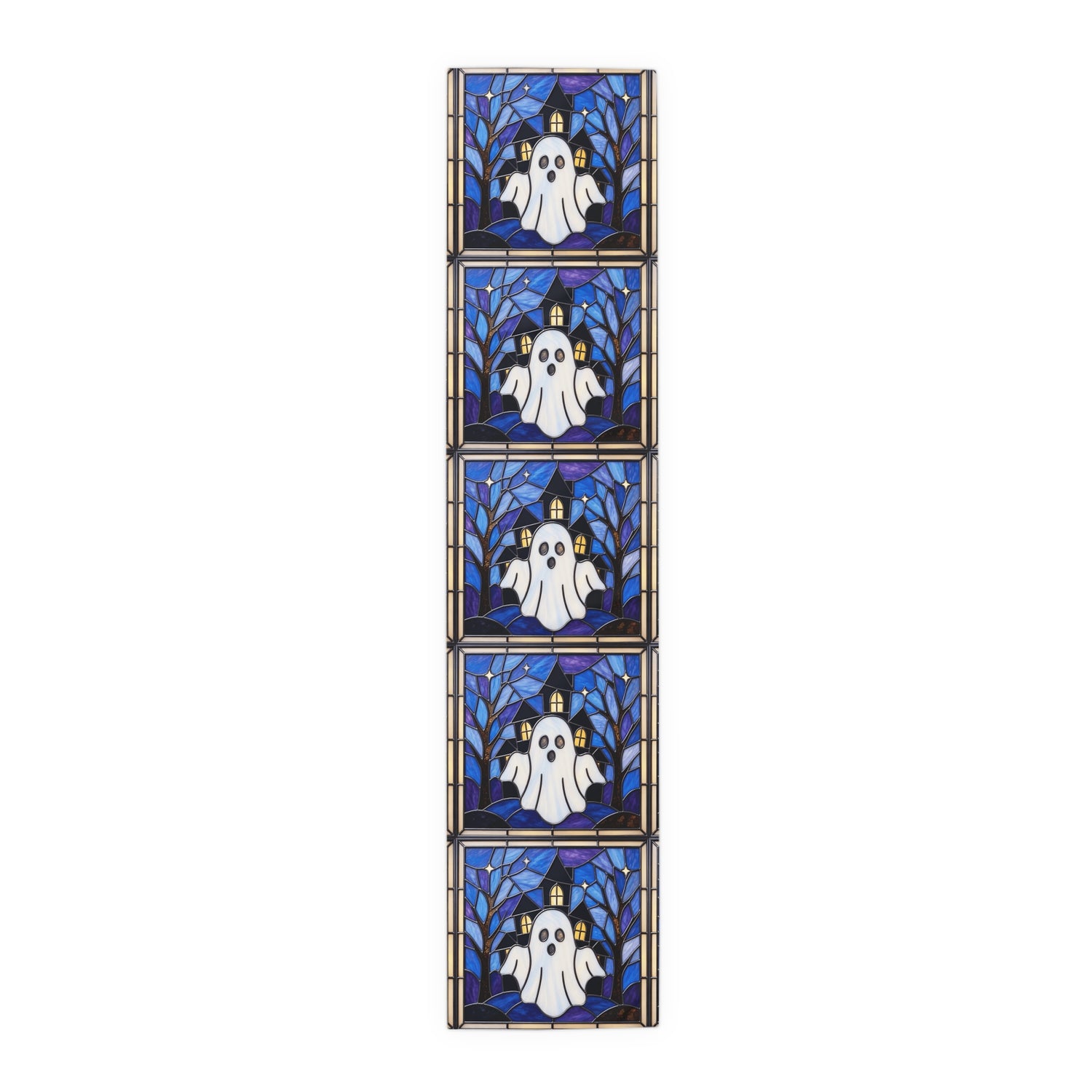 Halloween Stained Glass Style Ghost Haunted House Table Runner