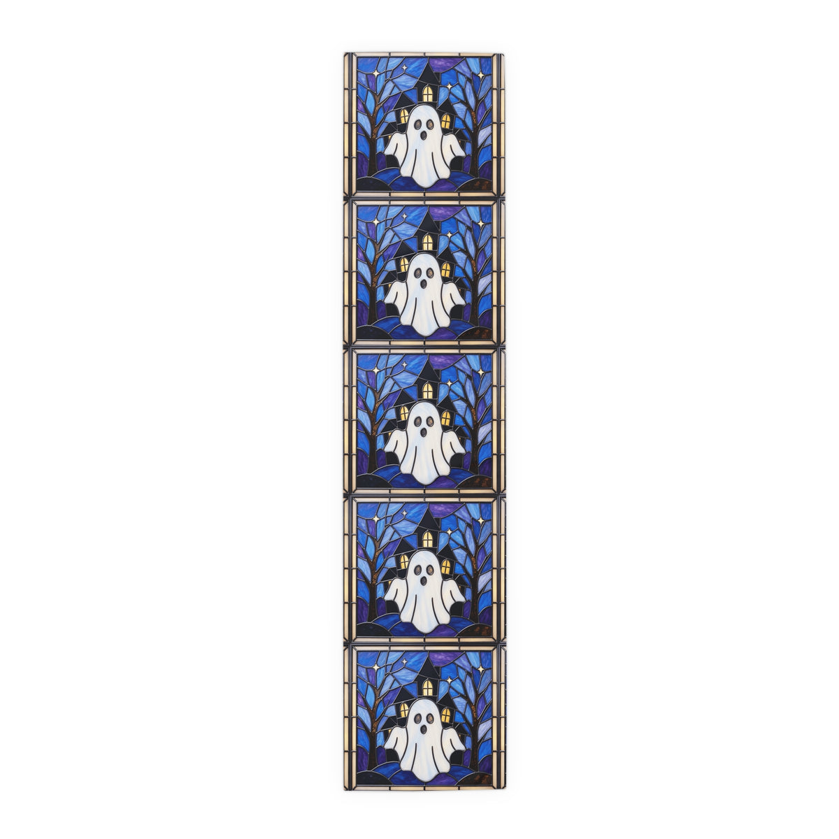 Halloween Stained Glass Style Ghost Haunted House Table Runner - Mid Century Modern Gal