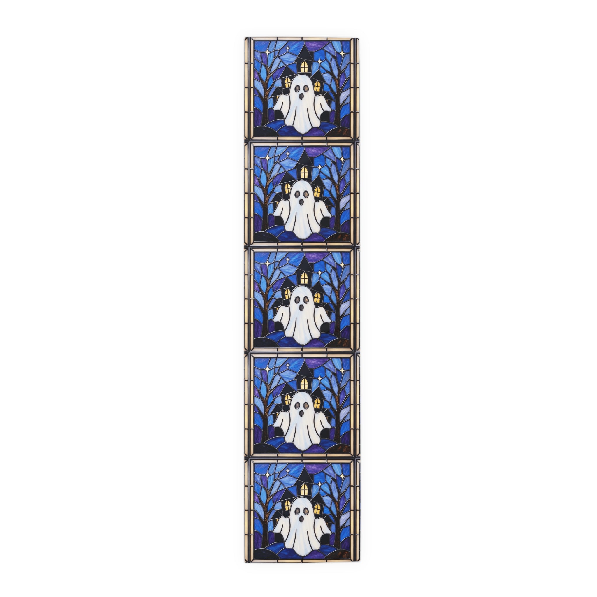 Halloween Stained Glass Style Ghost Haunted House Table Runner