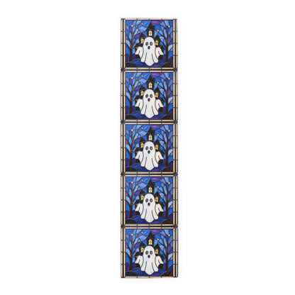 Halloween Stained Glass Style Ghost Haunted House Table Runner