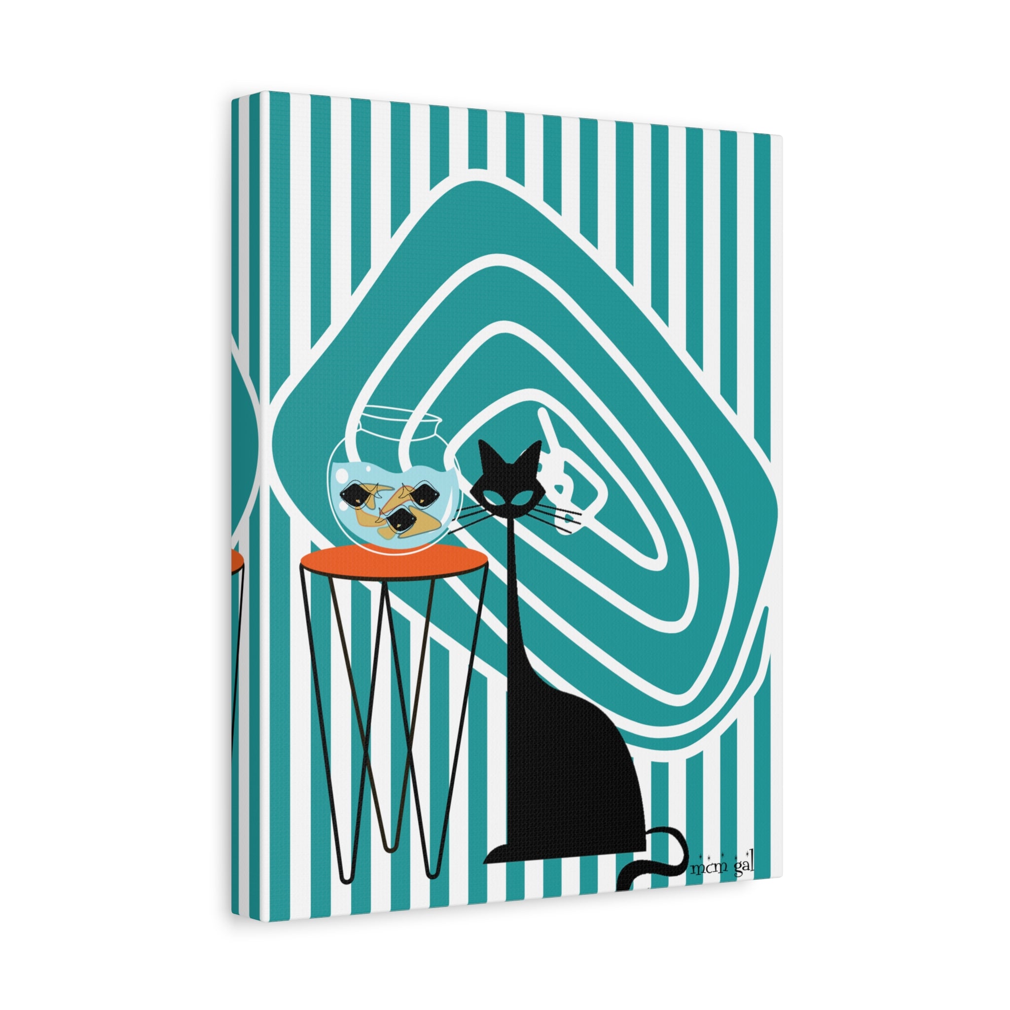 Atomic Fish Art, Mid Century Modern Striped, Teal Kitschy Cat Art - Mid Century Modern Gal