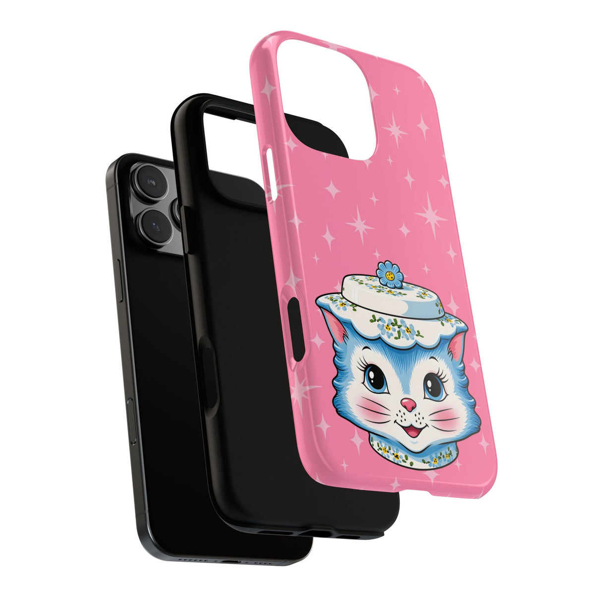 Mid Century Modern Kitschy Anthropomorphic Blue Cat with Floral Hat Tough Phone Case