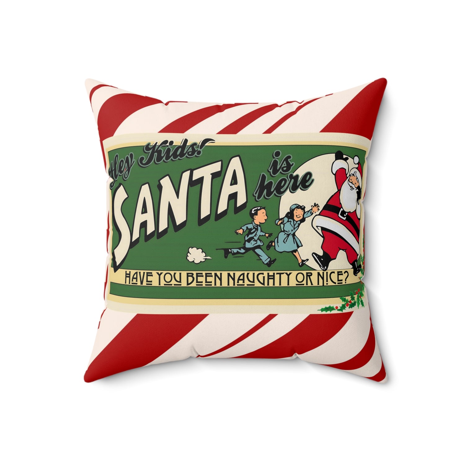 Santa Claus Vintage 50s Ad, Kitschy Holiday Candycane Pillow And Insert