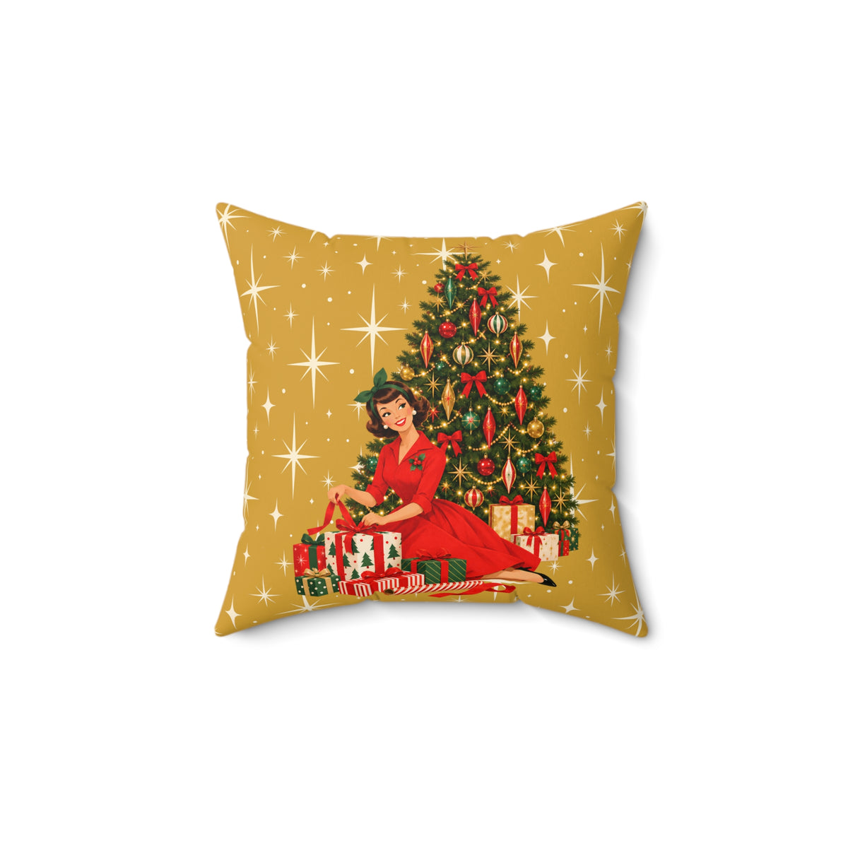 Mid Century Modern Christmas Glamour Gal Wrapping Presents by Tree, Gold Atomic Starbursts Pillow Cover and Insert - Mid Century Modern Gal