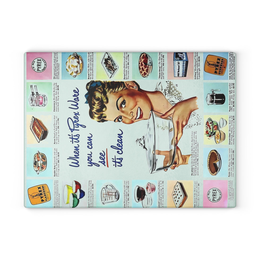 Pyrex Kitchen Ad Vintage Inspired Glass Cutting Board - Retro Kitchen Decor with Recipe Graphics - Mid Century Modern Gal