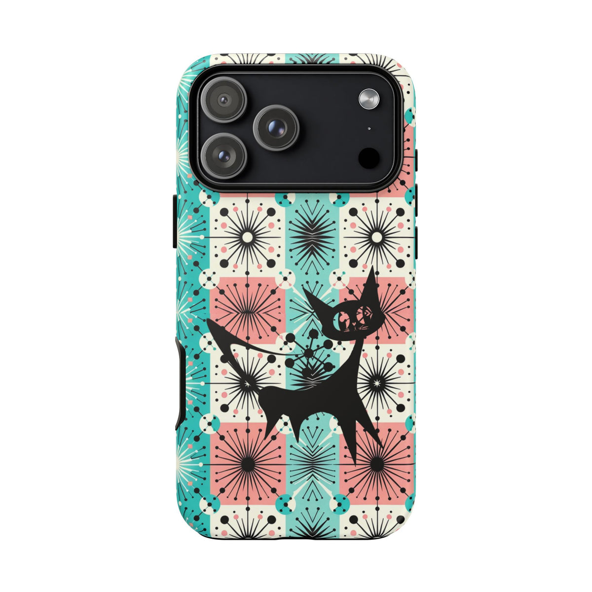 Atomic Kitschy Cat, Mid Century Modern Pink, Aqua Starbursts Tough Phone Case