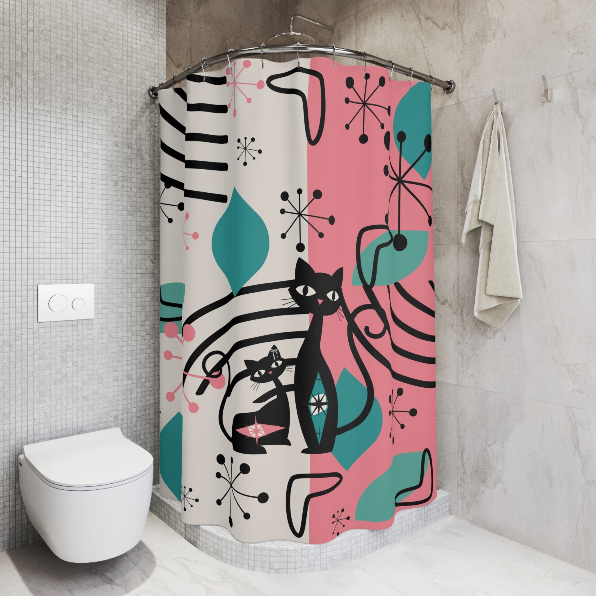 Mid Century Modern Atomic Kitschy Cats, Pink, Aqua Retro Bathroom Shower Curtain - Mid Century Modern Gal