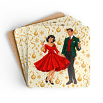 Mid Century Modern Christmas Party Martini Couple Corkwood Coaster Set