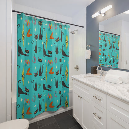 Atomic Cats Starbursts Boomerangs Kitschy Mod Retro Cat Shower Curtain - Mid Century Modern Gal
