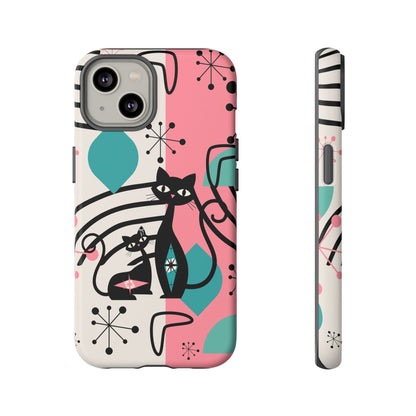 Mid Mod Atomic Cat Boomerang Starburst, Pink, Black Kitschy Stylish Cat Phone Case: Modern Design for Cat Lovers - Mid Century Modern Gal