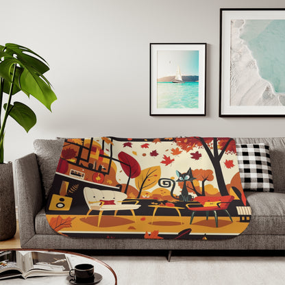 Scandinavian Fall Halloween Atomic Cat Cozy Seasonal Sherpa Blanket - Mid Century Modern Gal