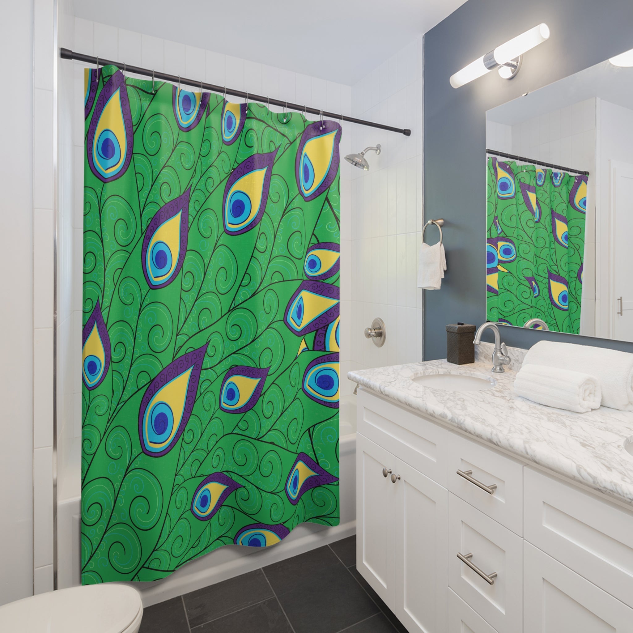 Mid Century Peacock Green, Purple, Yellow And Blue Boho Modern Shower Curtains - Mid Century Modern Gal