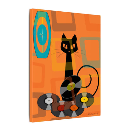 Atomic Cat Retro Groovy Records Mid Century Modern Orange Geometric, Canvas Gallery MCM Mid Mod Wall Art - Mid Century Modern Gal