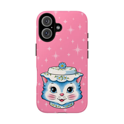 Mid Century Modern Kitschy Anthropomorphic Blue Cat with Floral Hat Tough Phone Case