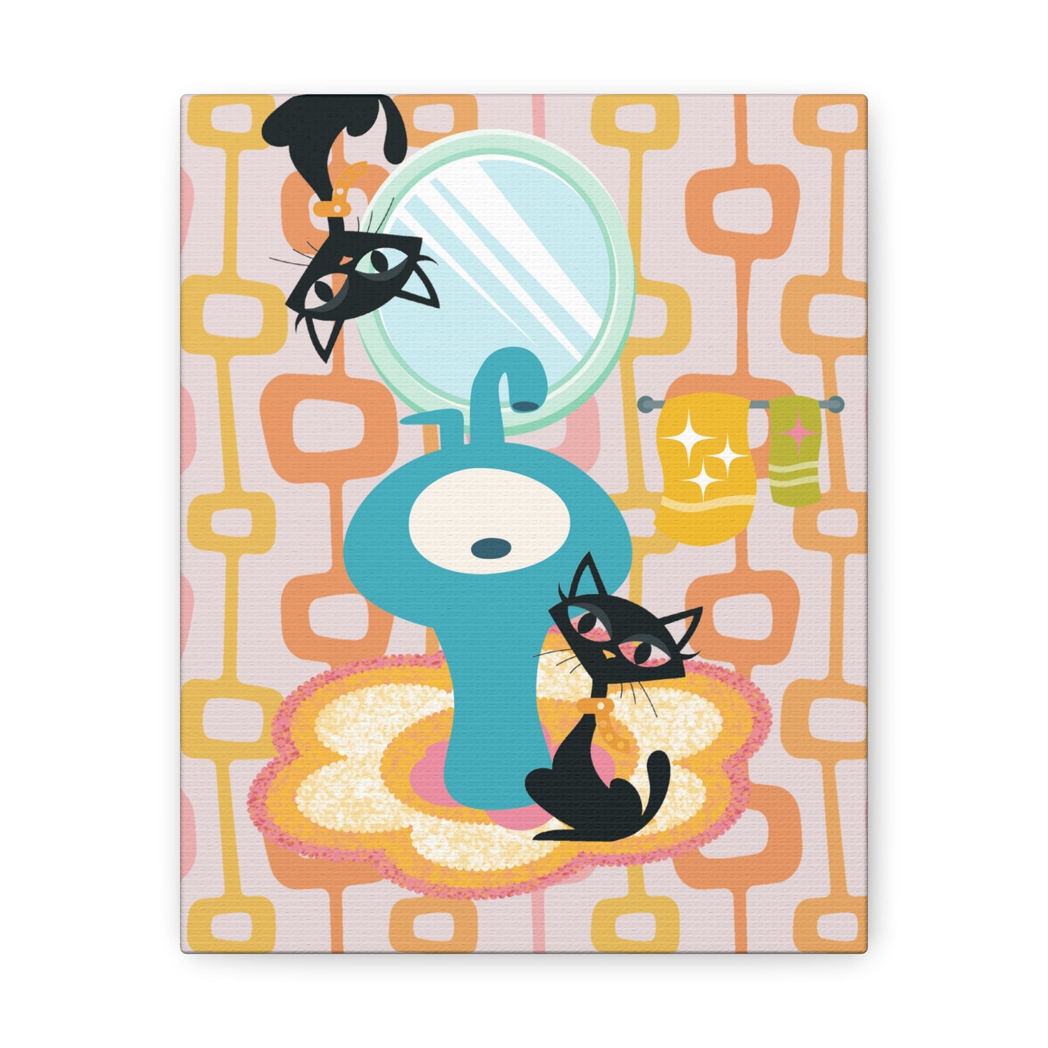 Atomic Cat Bathroom Art, Mid Century Modern Geometric, Crazy Fun Quirky Atomic Wall Art For Bathroom