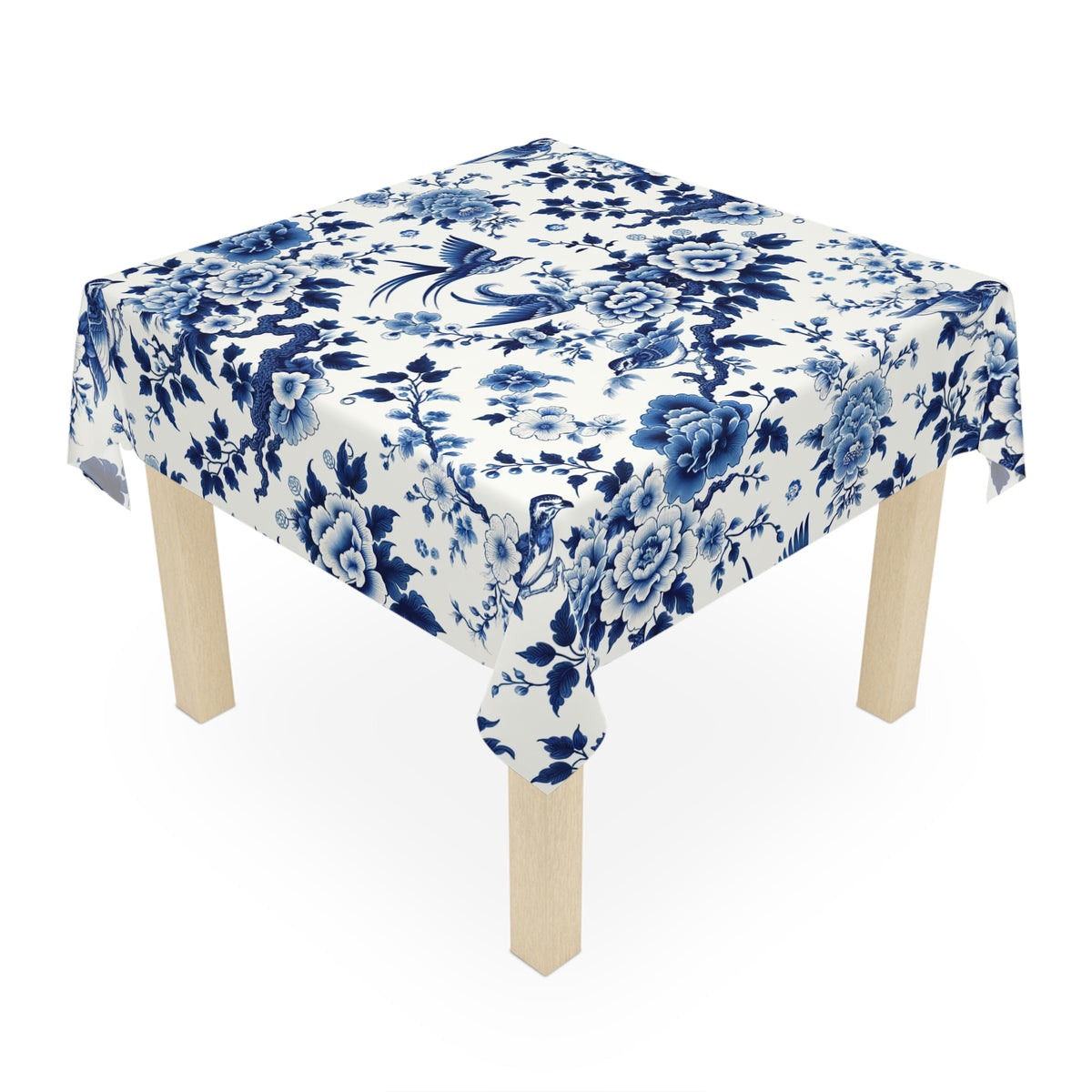 Chinoiserie Blue Willow, Floral Blue, Birds Tablecloth, Asian Infused, Elegant Table Linens - Mid Century Modern Gal