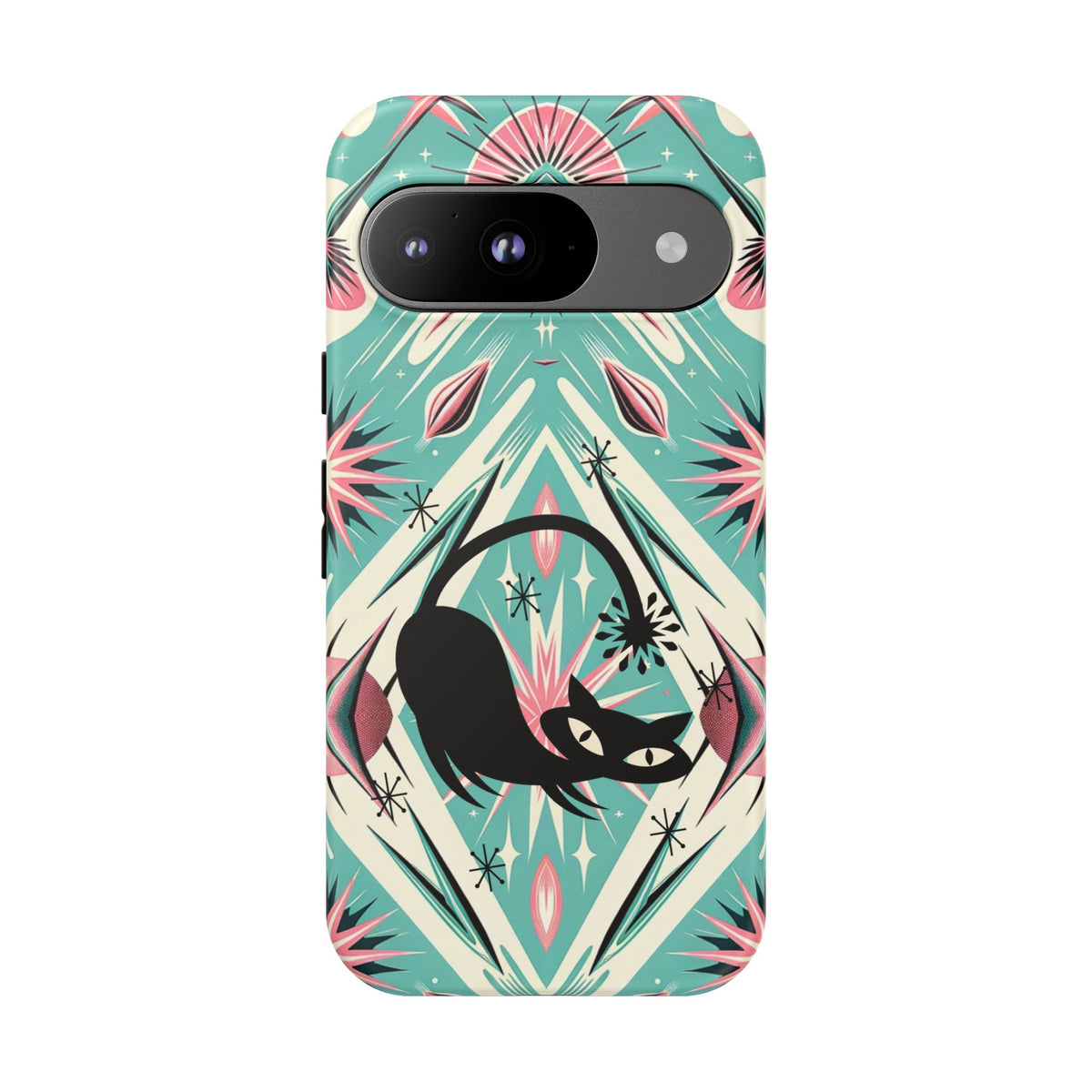 Atomic Cat, Mid Century Modern Aqua Blue, Pink, Starbursts Tough Phone Case