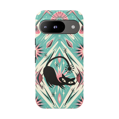 Atomic Cat, Mid Century Modern Aqua Blue, Pink, Starbursts Tough Phone Case