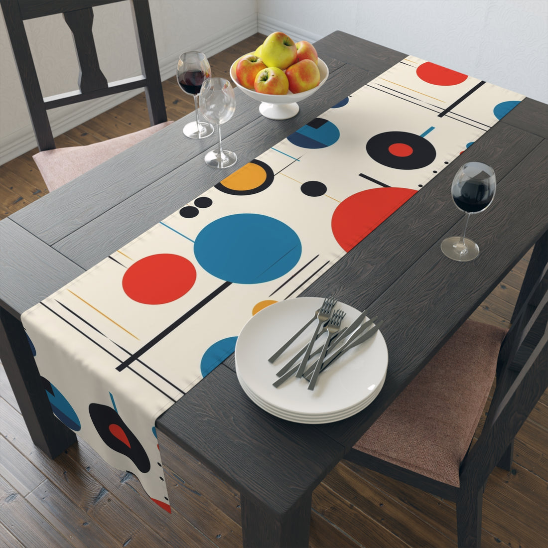 Modern Bauhaus Designed Table Runner, Red, Blue Yellow, Geometric Designed Mod Tableware
