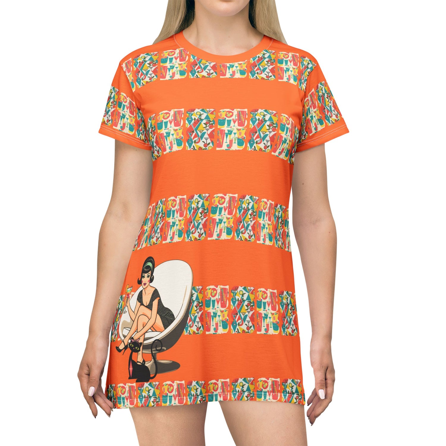 Atomic 60s Mod Gal, Cocktail Hour Retro Vibes T-Shirt Dress With Colorful Print XS Atomic 60s Mod Gal, Cocktail Hour Retro Vibes T-Shirt Dress With Colorful Print XS