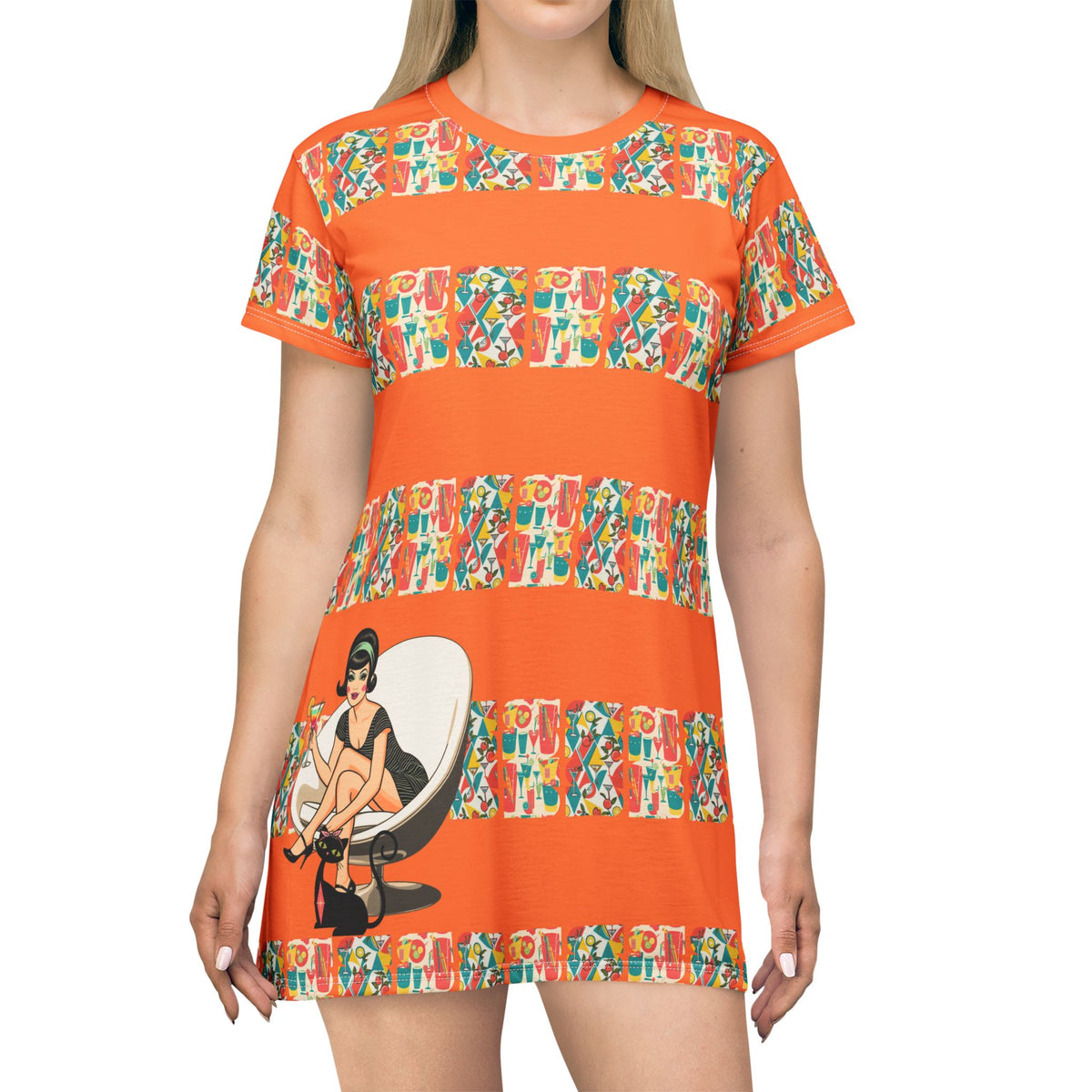 Atomic 60s Mod Gal, Cocktail Hour Retro Vibes T-Shirt Dress With Colorful Print - Mid Century Modern Gal