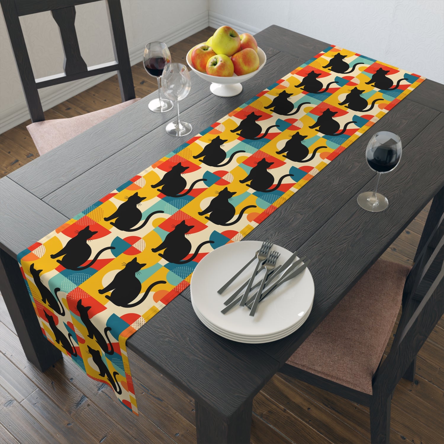 Pop Art Black Atomic Cats, Red Blue Yellow, Table Runner - Mid Century Modern Gal