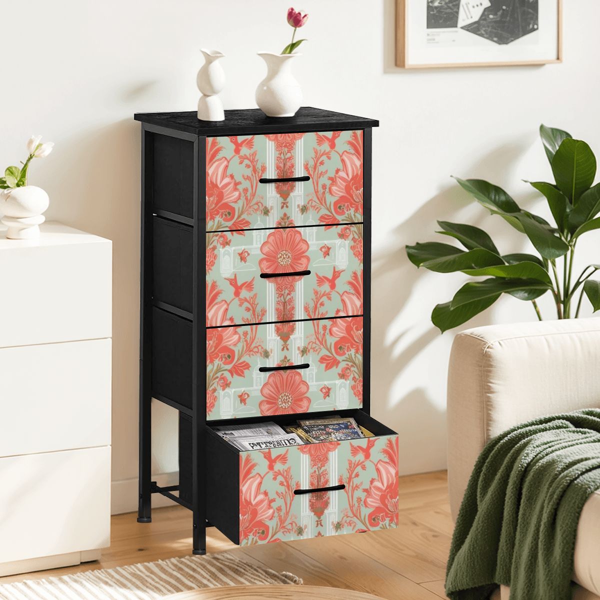 Chinoiserie Elegant Floral, Coral, Green 4-Drawer Dresser - Mid Century Modern Gal