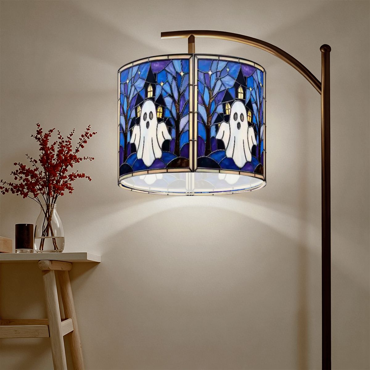 Halloween Stained Glass Style Ghost Haunted House Lamp SHADE ONLY - For Arc Floor Lamps Only
