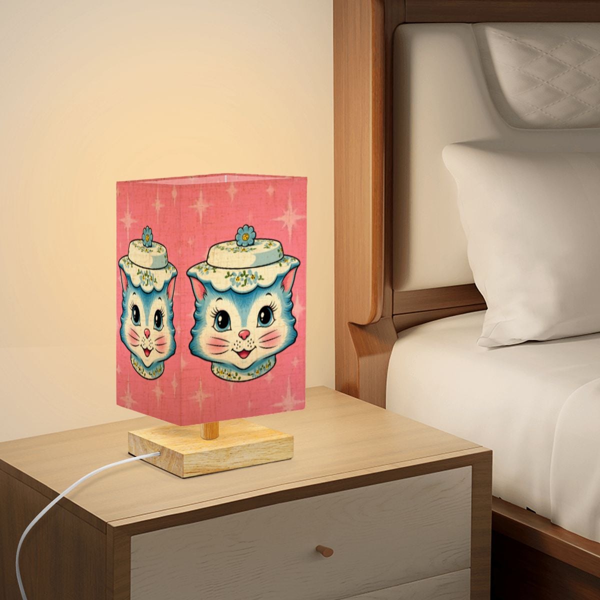 Mid Century Modern Kitschy Anthropomorphic Blue Cat with Floral Hat Square Table Lamp - Mid Century Modern Gal