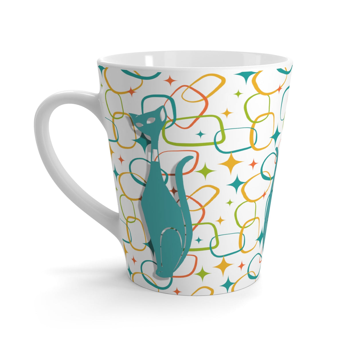 Atomic Kittie, Kitschy 50s Retro Aqua, Orange, Green Geometric MCM Latte Mug Mug 12oz