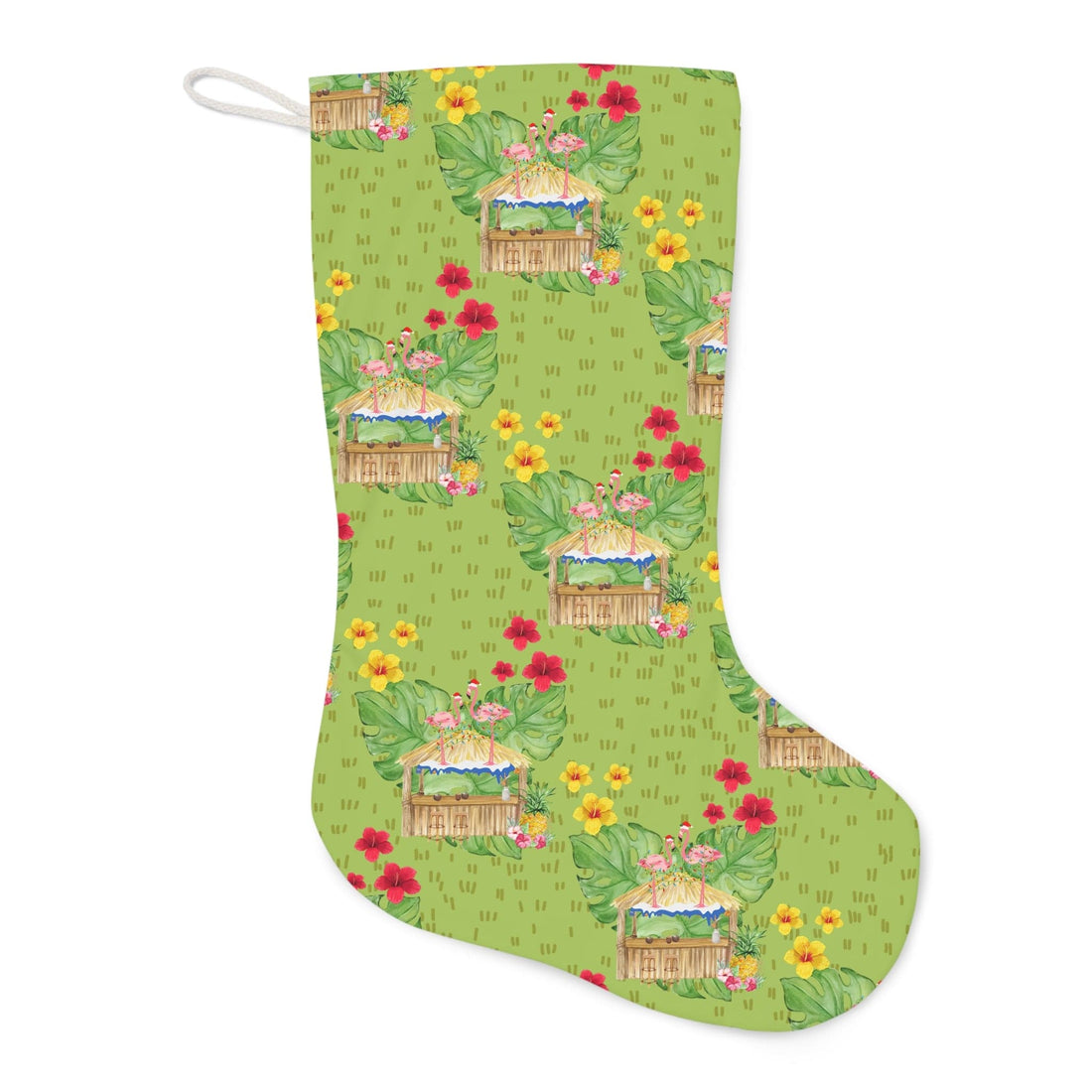 Flamingo Santa Stocking, Tropical Tiki Green, Paradise, Retro Green Christmas Stocking Home Decor 13&quot; × 19.3&