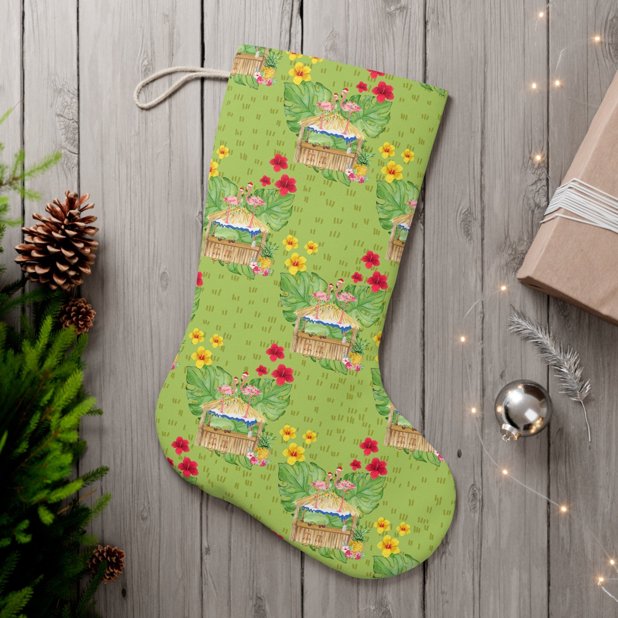 Flamingo Santa Stocking, Tropical Tiki Green, Paradise, Retro Green Christmas Stocking Home Decor 13&quot; × 19.3&