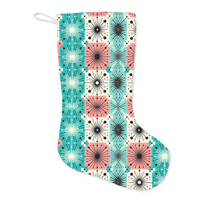 Mid Century Modern Atomic Pink, Aqua, White, Black, Starburst, Sputnik Designed Santa Stocking Home Decor 13&quot; × 19.3&