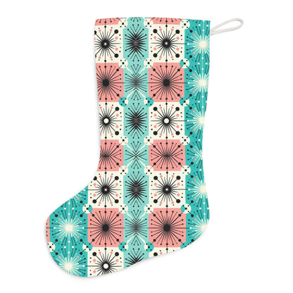 Mid Century Modern Atomic Pink, Aqua, White, Black, Starburst, Sputnik Designed Santa Stocking Home Decor 13&quot; × 19.3&