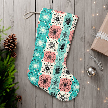 Mid Century Modern Atomic Pink, Aqua, White, Black, Starburst, Sputnik Designed Santa Stocking Home Decor 13&quot; × 19.3&