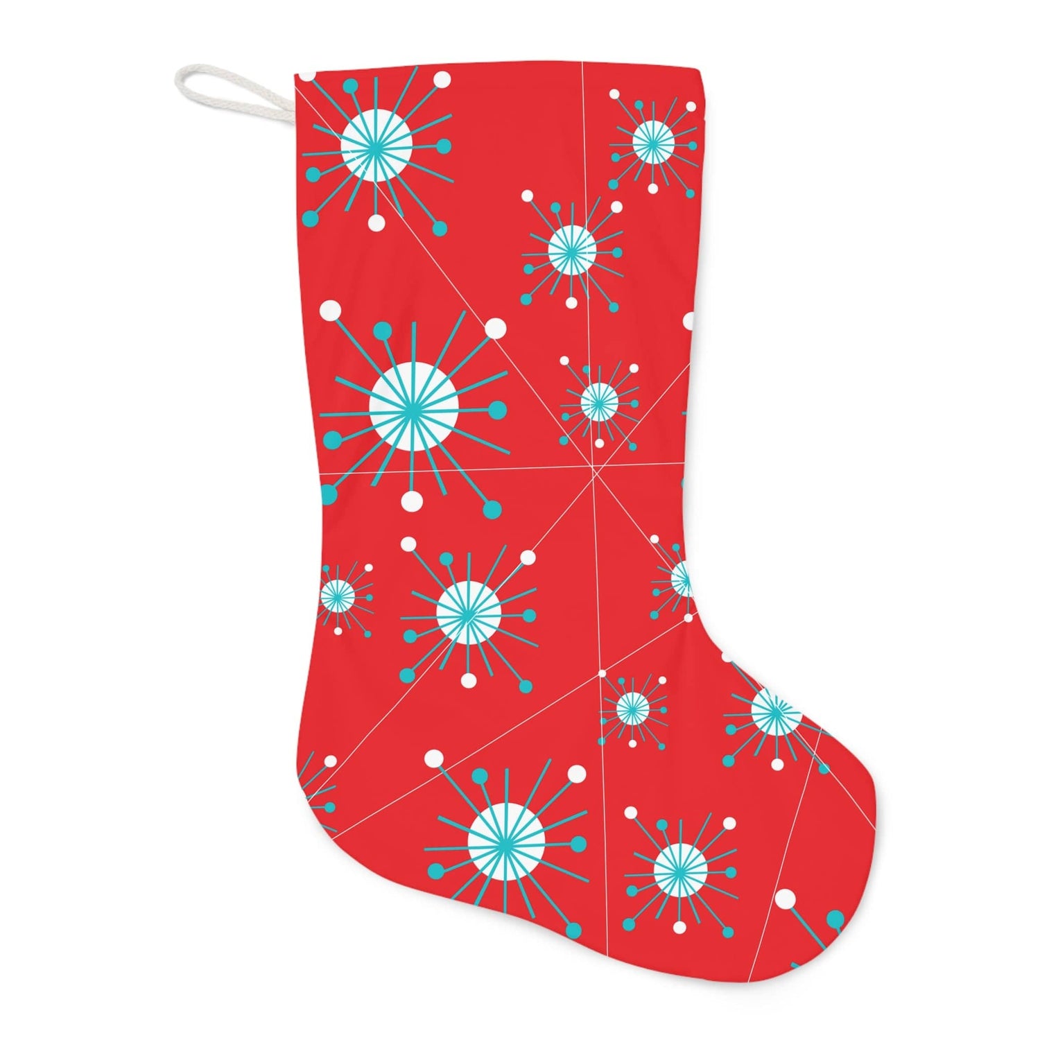 Mid Century Modern Christmas Stocking, Atomic Starburst, Aqua, White, Retro Santa Stocking Home Decor 13&quot; × 19.3&