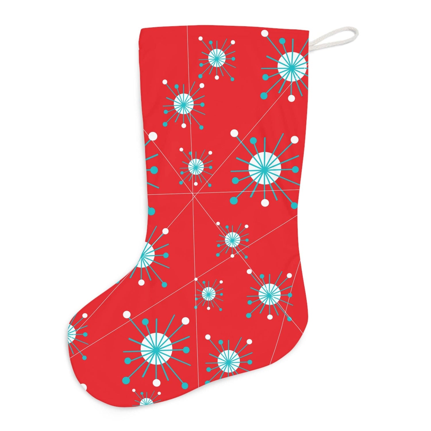 Mid Century Modern Christmas Stocking, Atomic Starburst, Aqua, White, Retro Santa Stocking Home Decor 13&quot; × 19.3&